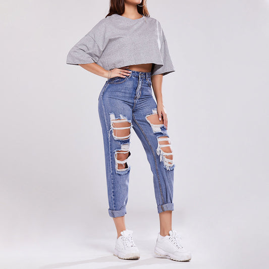 Ladies Trousers High-waisted Butt-lifting Holes Casual Straight-leg Denim Trousers