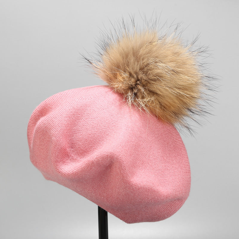 Ins Hat New Real Hair Ball Beret Women