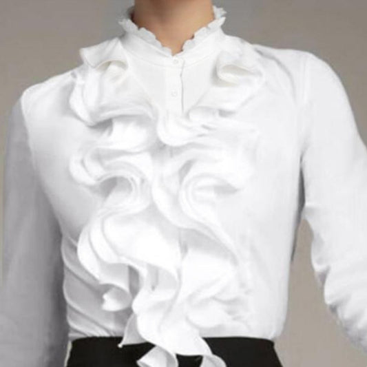 Women's Solid-Colored Ruffle-Trimmed Button-Front Shirt