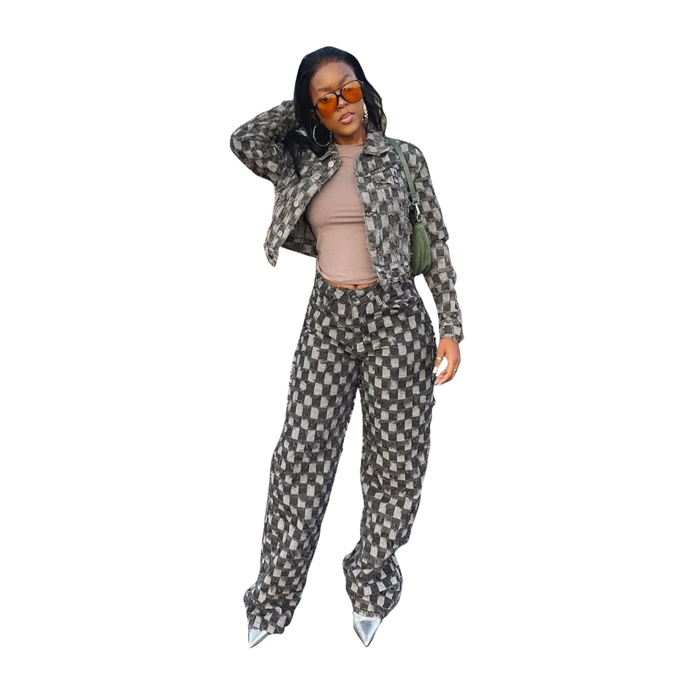 Casual Jacquard Plaid Washed Denim Suit
