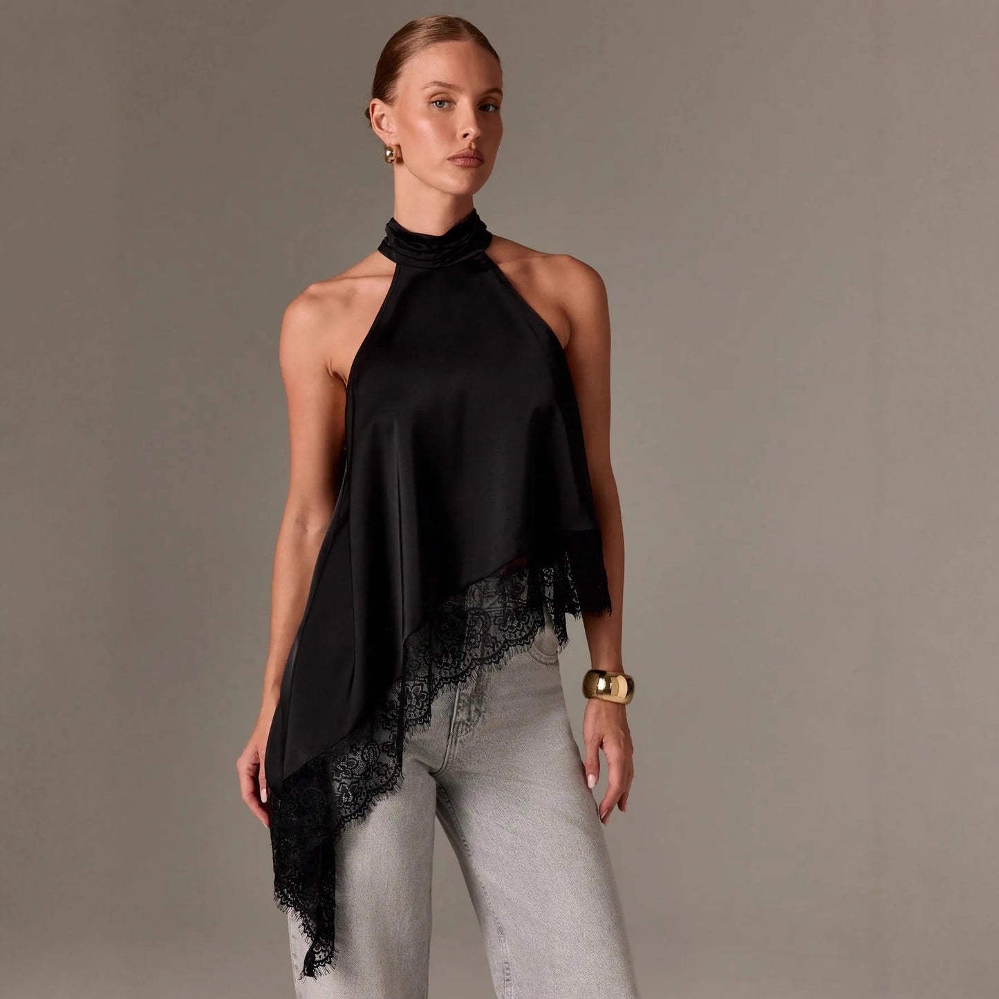 Womens Sleeveless Lace-Trimmed Asymmetrical Halterneck Satin Vest