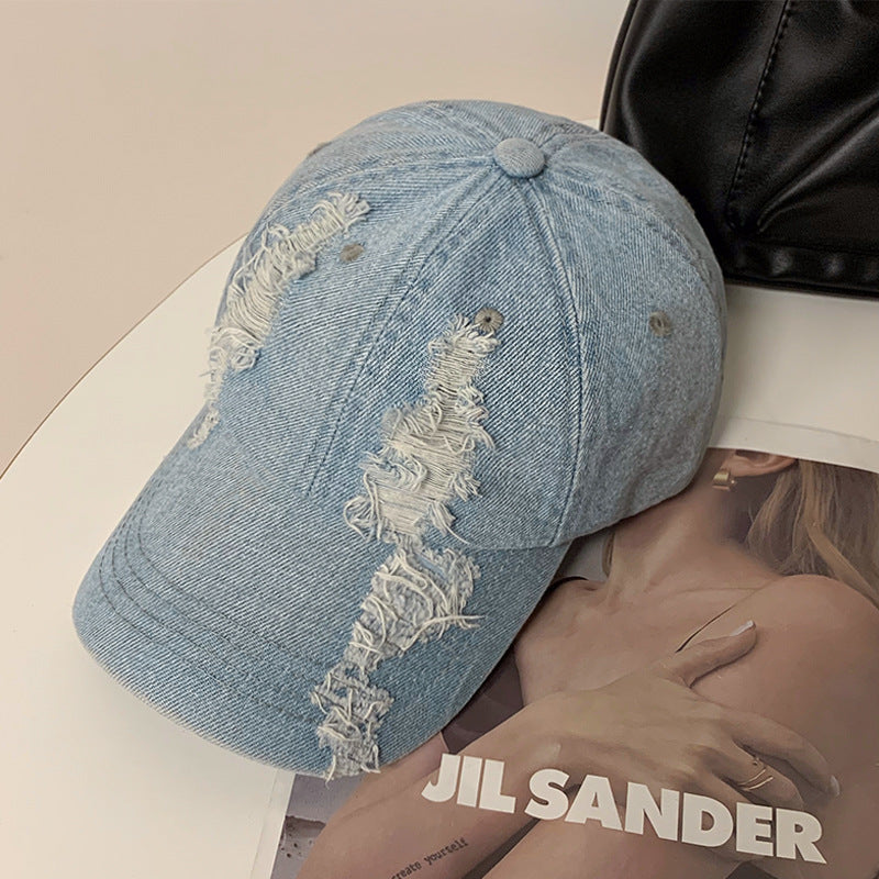 Sommer Koreansk Stil Denim "Make Old" Revnet Kasket