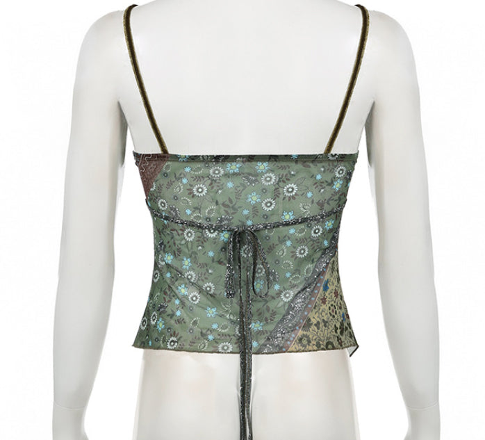 Vintage Printed Velvet Stitching Tied Irregular Spaghetti-strap Niche Sexy A Swing Slim Vest