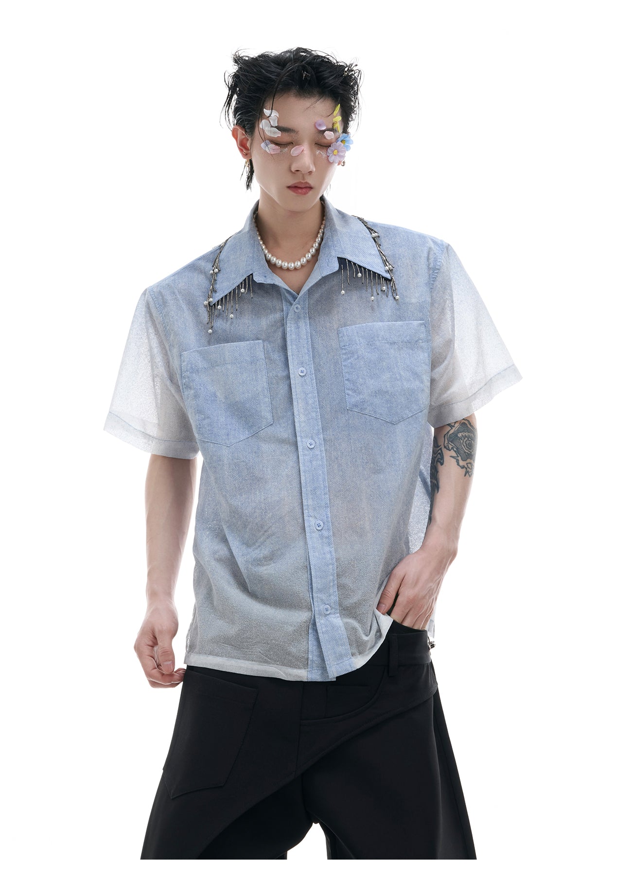 Men's Loose Blue And White Gradient Short Shirt