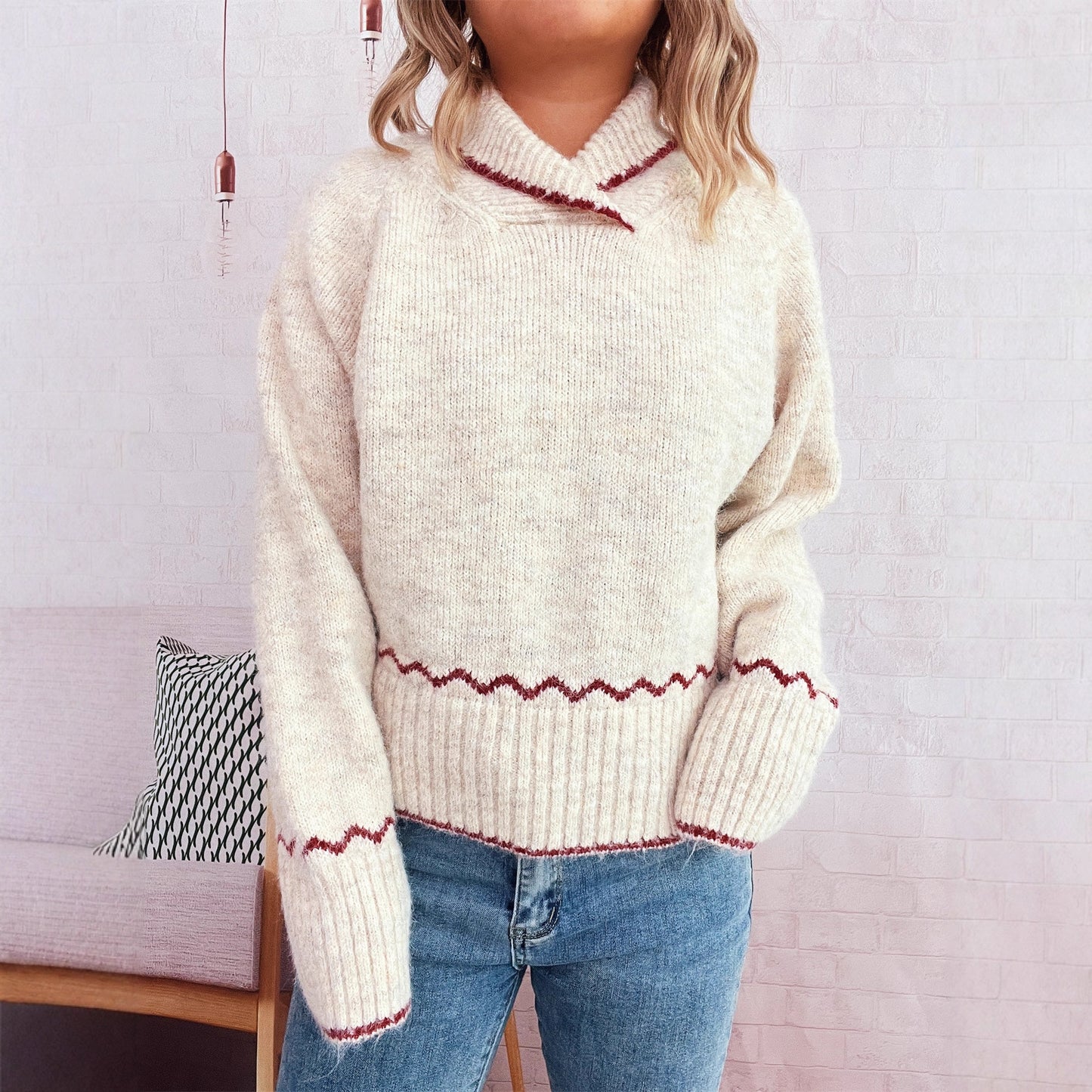 Simple Commute Half Turtleneck Lapel Contrast Color Knitted Pullover Sweater