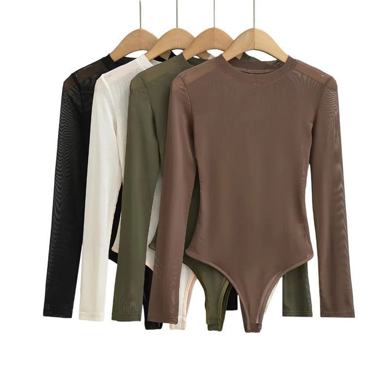 Niche Hot Girl Round Neck Long Sleeve Mesh Transparent Jumpsuit