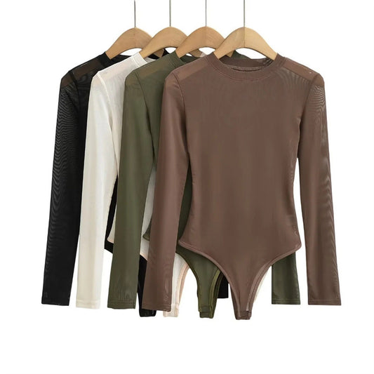 Niche Hot Girl Round Neck Long Sleeve Mesh Transparent Jumpsuit