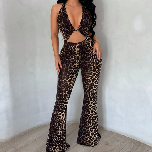 Leopard-print Flared Pants High-waisted Jumpsuit
