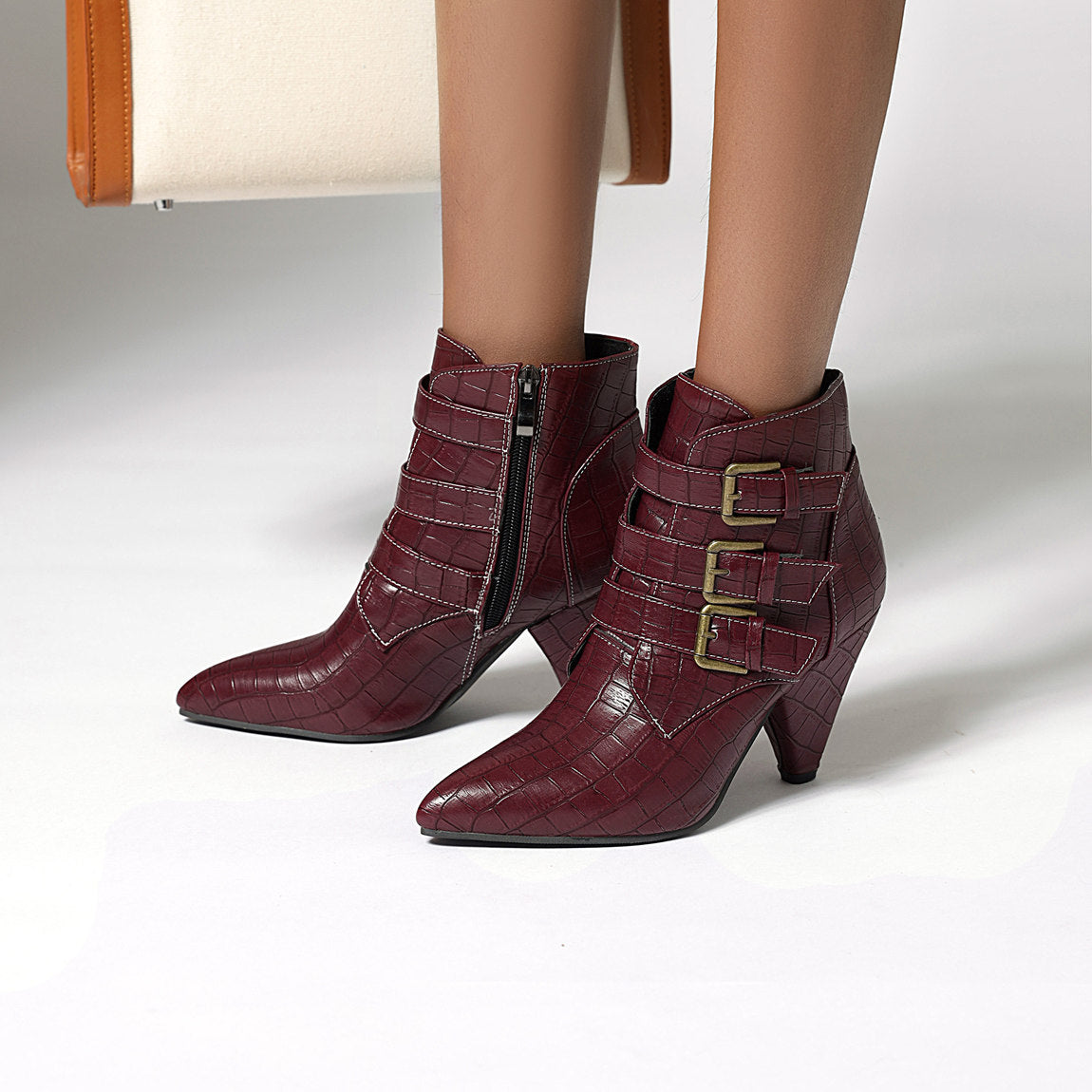 Belt Buckle Roman Super High Heel Booties Side Zipper