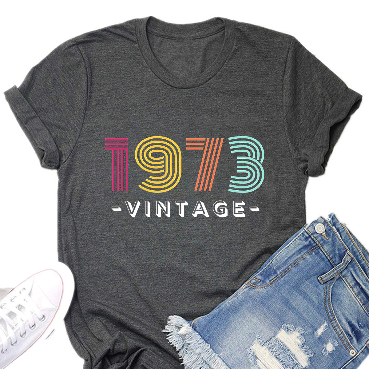 Women's Creative Loose Casual Letter Print 1973 VINTAGE Round Neck Short-sleeved T-shirt