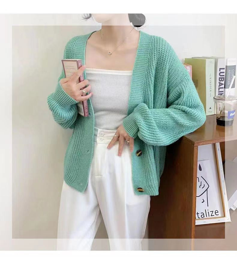 V-neck Loose And Lazy Style Base Knitting Cardigan Women's Top
