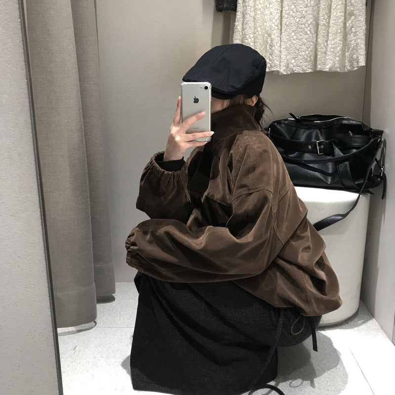 Retro Loose Slimming Versatile Zip Lapel Suede Casual Short Jacket Women