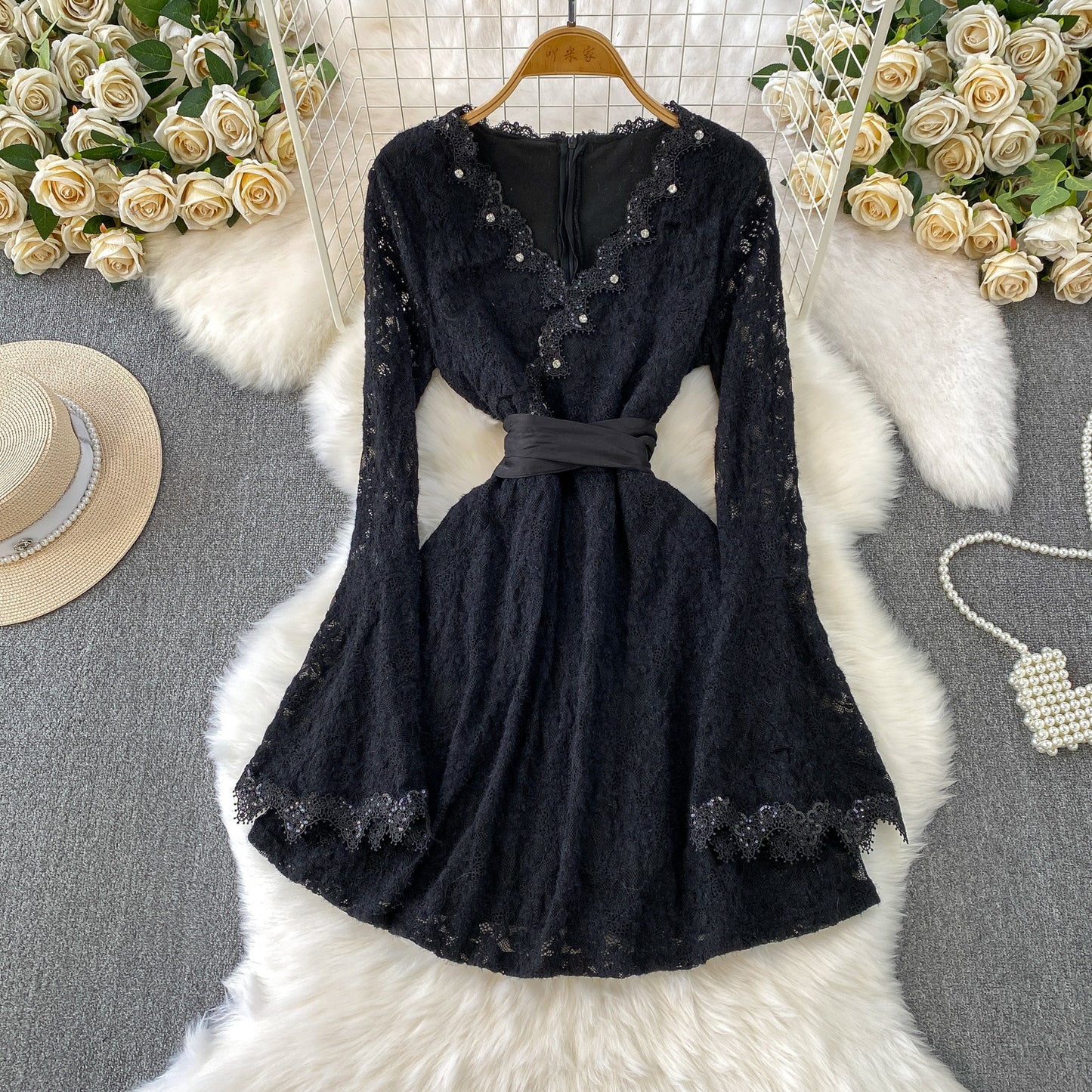 Flocked Lace V-Neck Dress With Diamond Embellishments