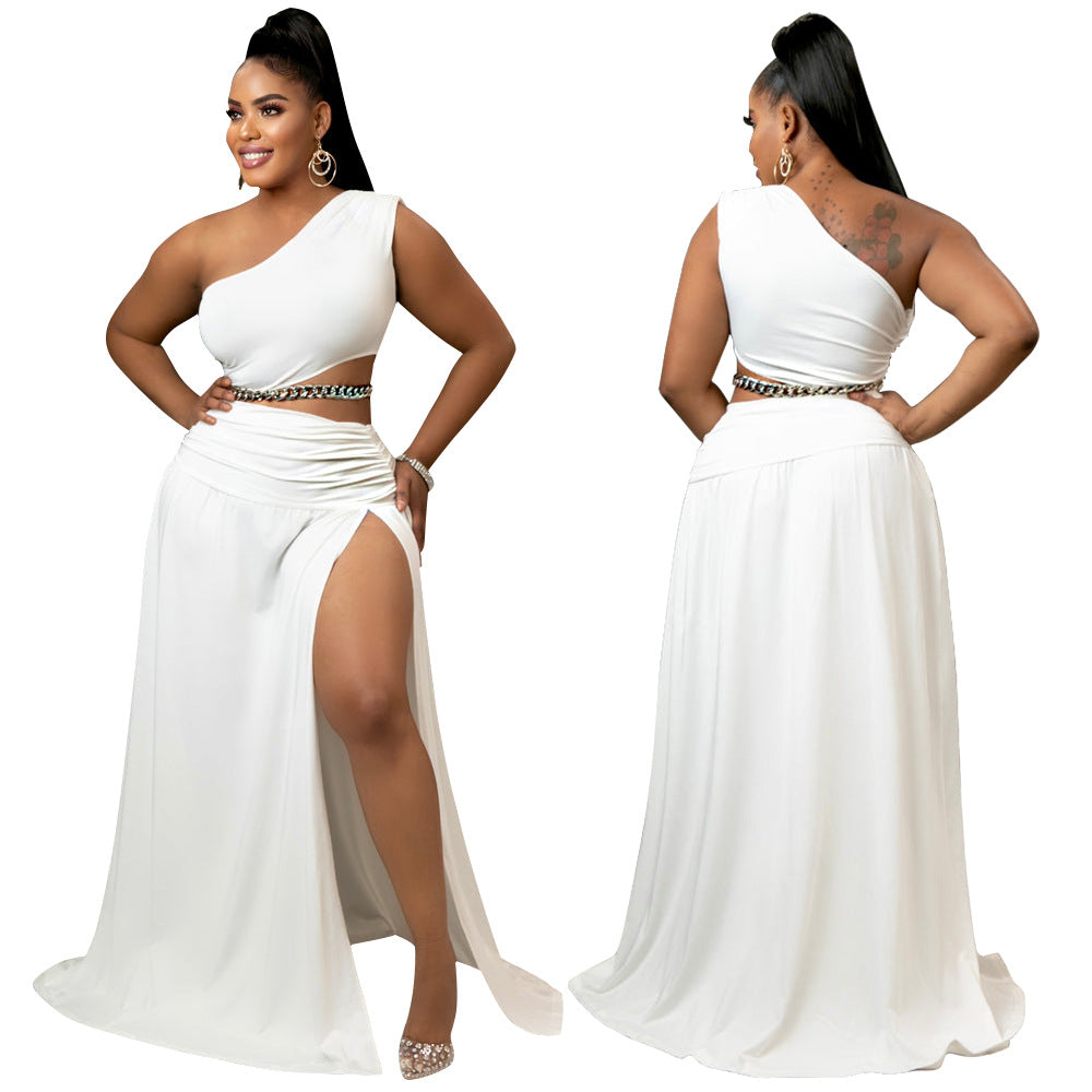 Ensfarvet off-shoulder sexet bodycon todelt sæt