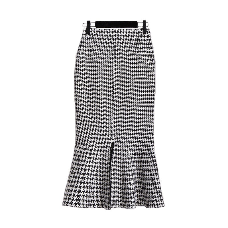 Women's Mid-length Tartan Skirt Western Style Slimming Split Fishtail