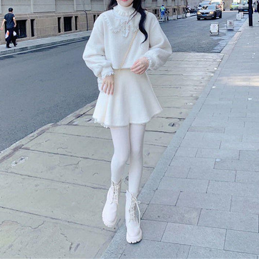 Cute Youth-looking Cute Furry Skirt Lace Stitching High Waist Slimming A- Line Skirt