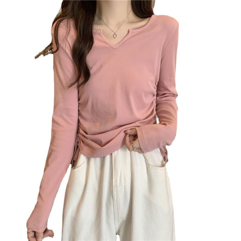 Short Belly Covering Slimming Drawstring V-neck Shoulder T-shirt