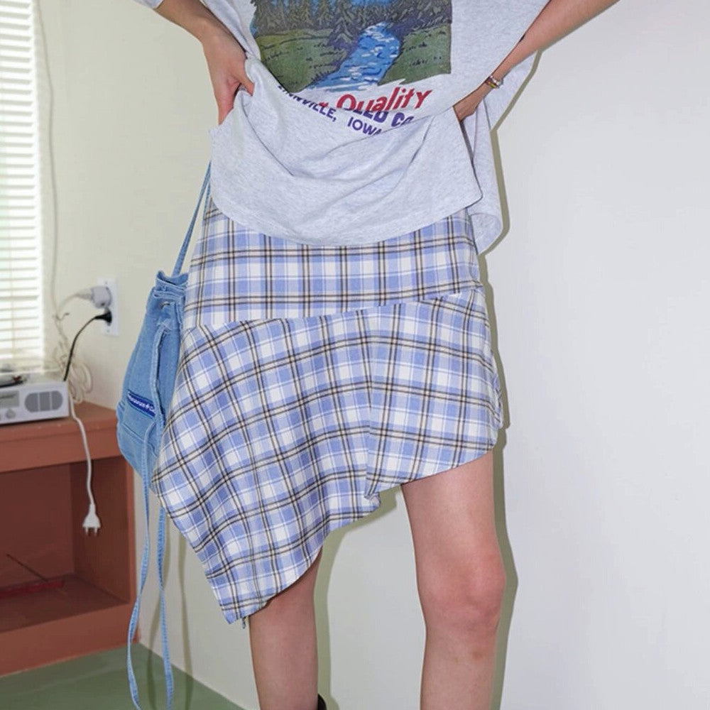Retro Irregular Plaid Pattern High Waist Slimming Skirt