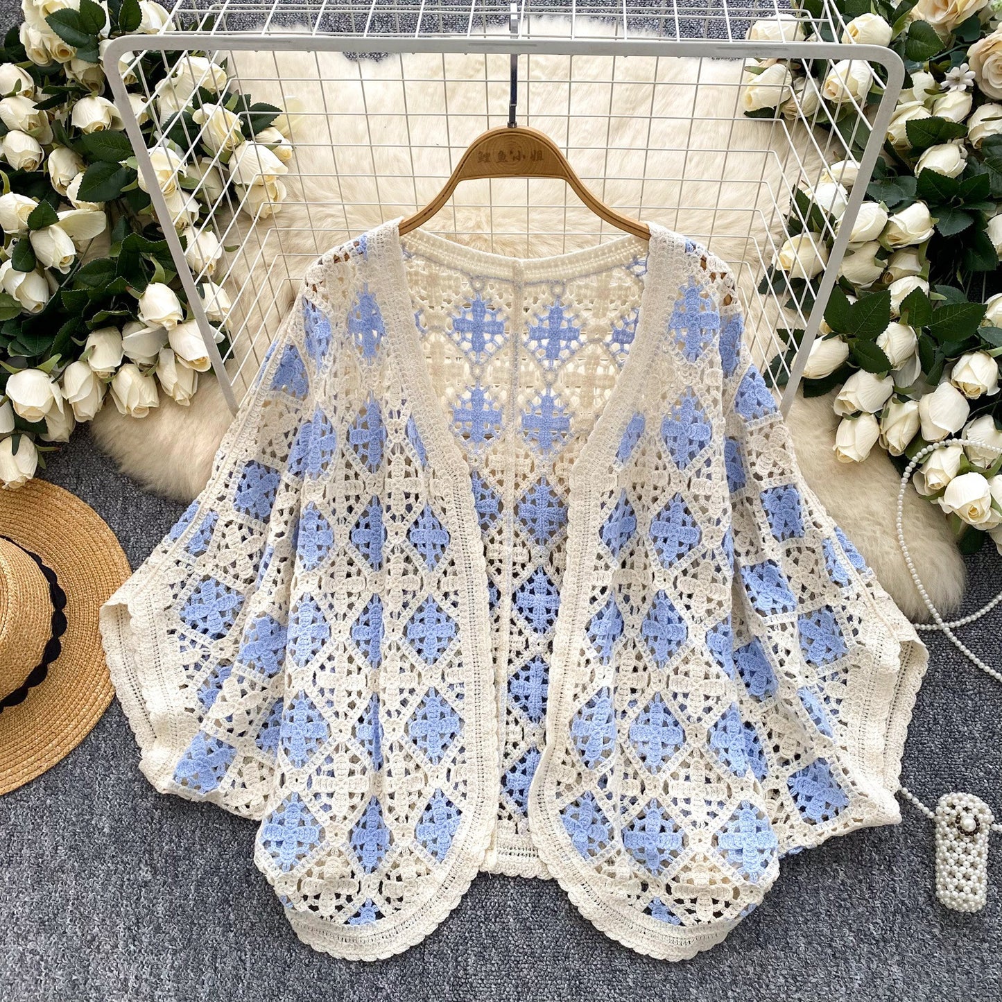 Coat Women's Hollow Crocheted Knitted Batwing Sleeve Top Shawl