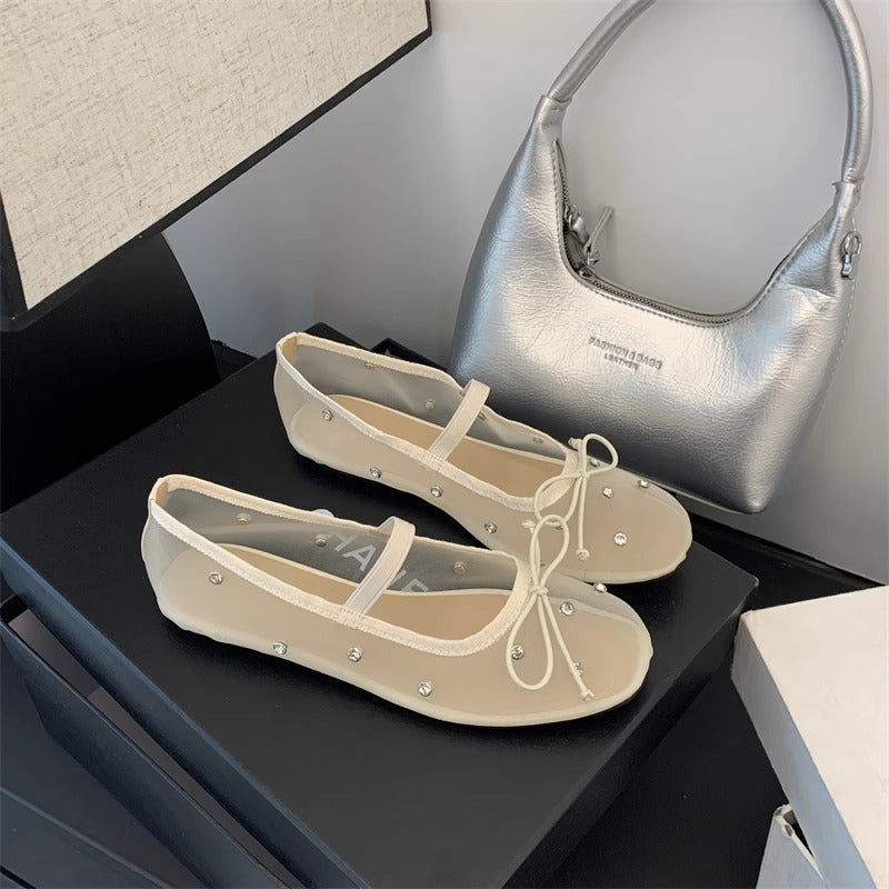 Summer Rhinestone-embellished Mesh Ballet Flats