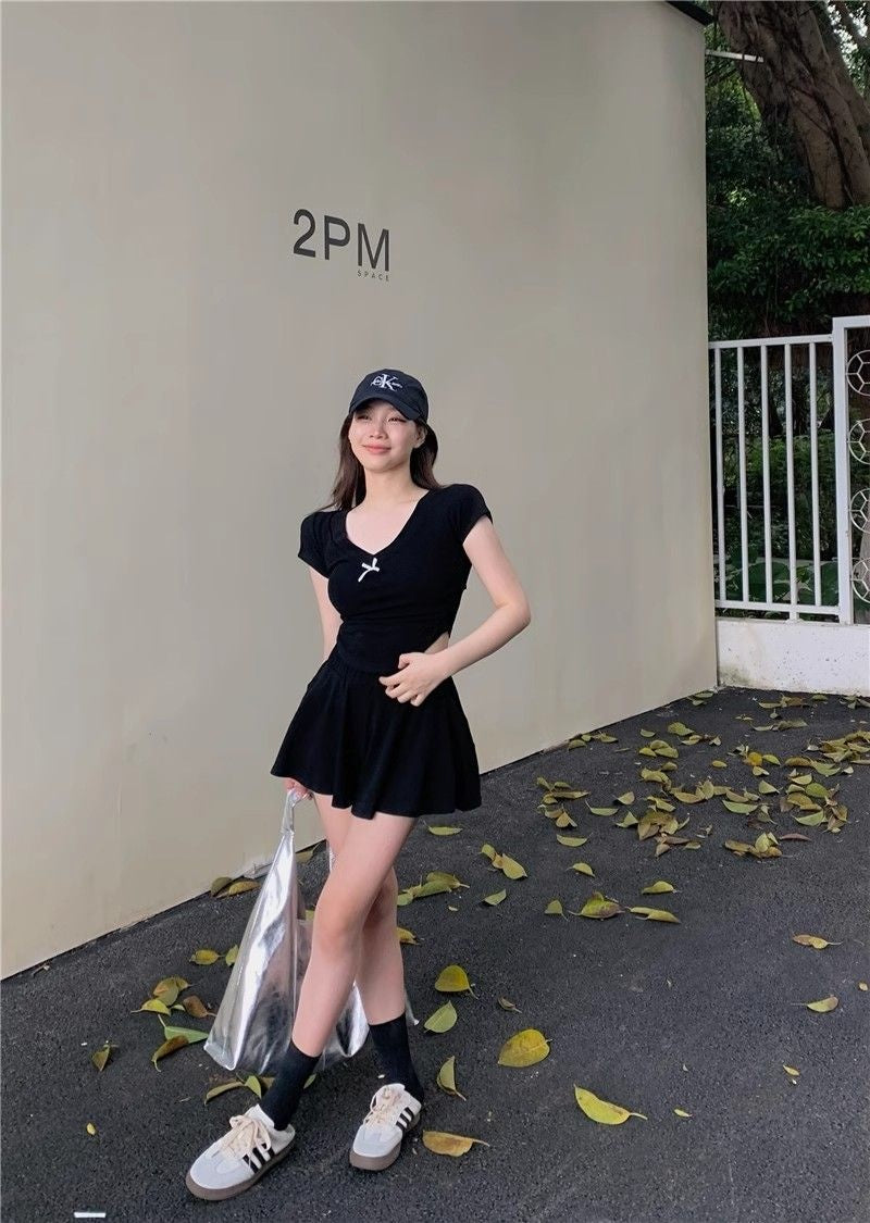 Summer Gray High-waisted Skirt Two-piece Set