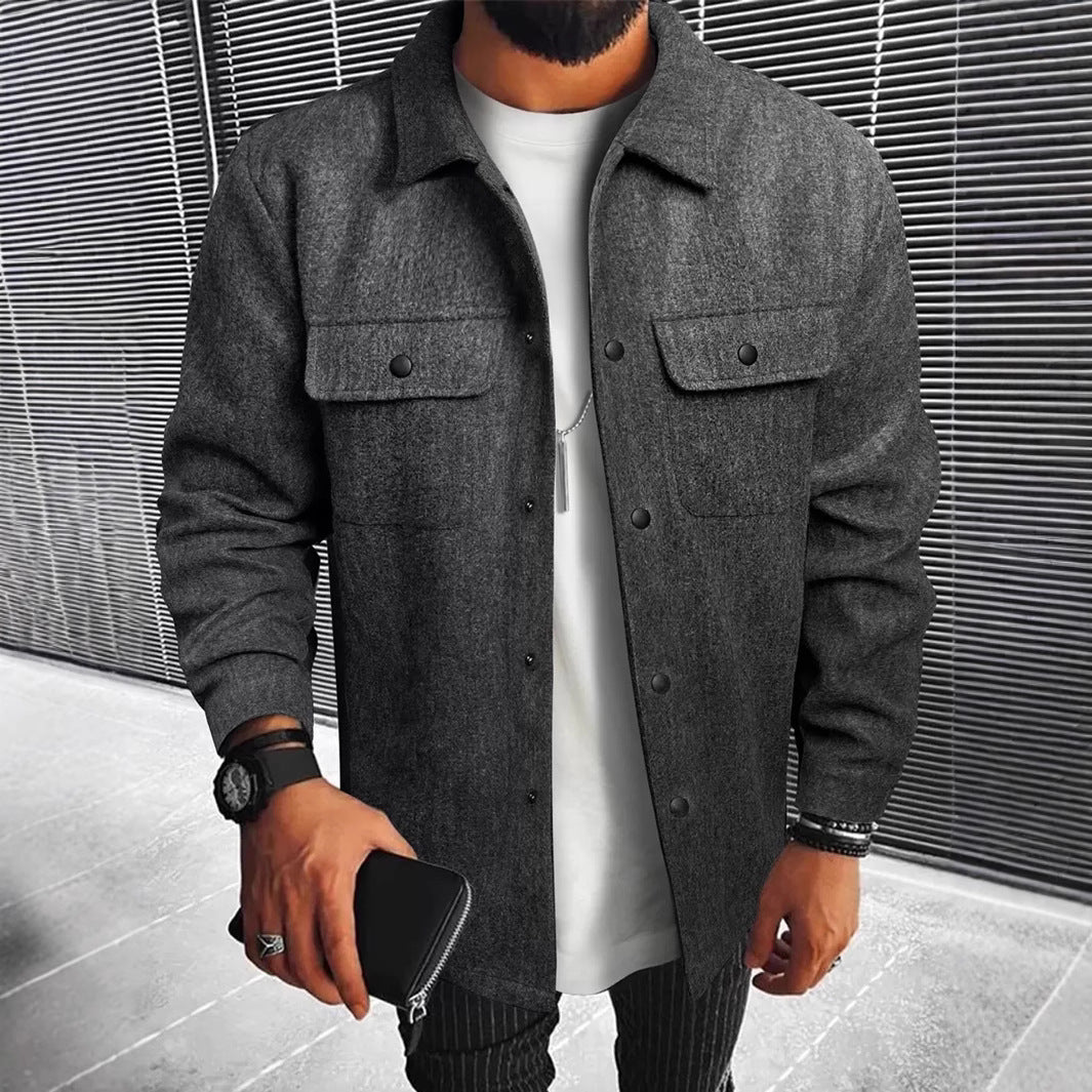 New Mens Button-front Overcoat With Flap Pockets