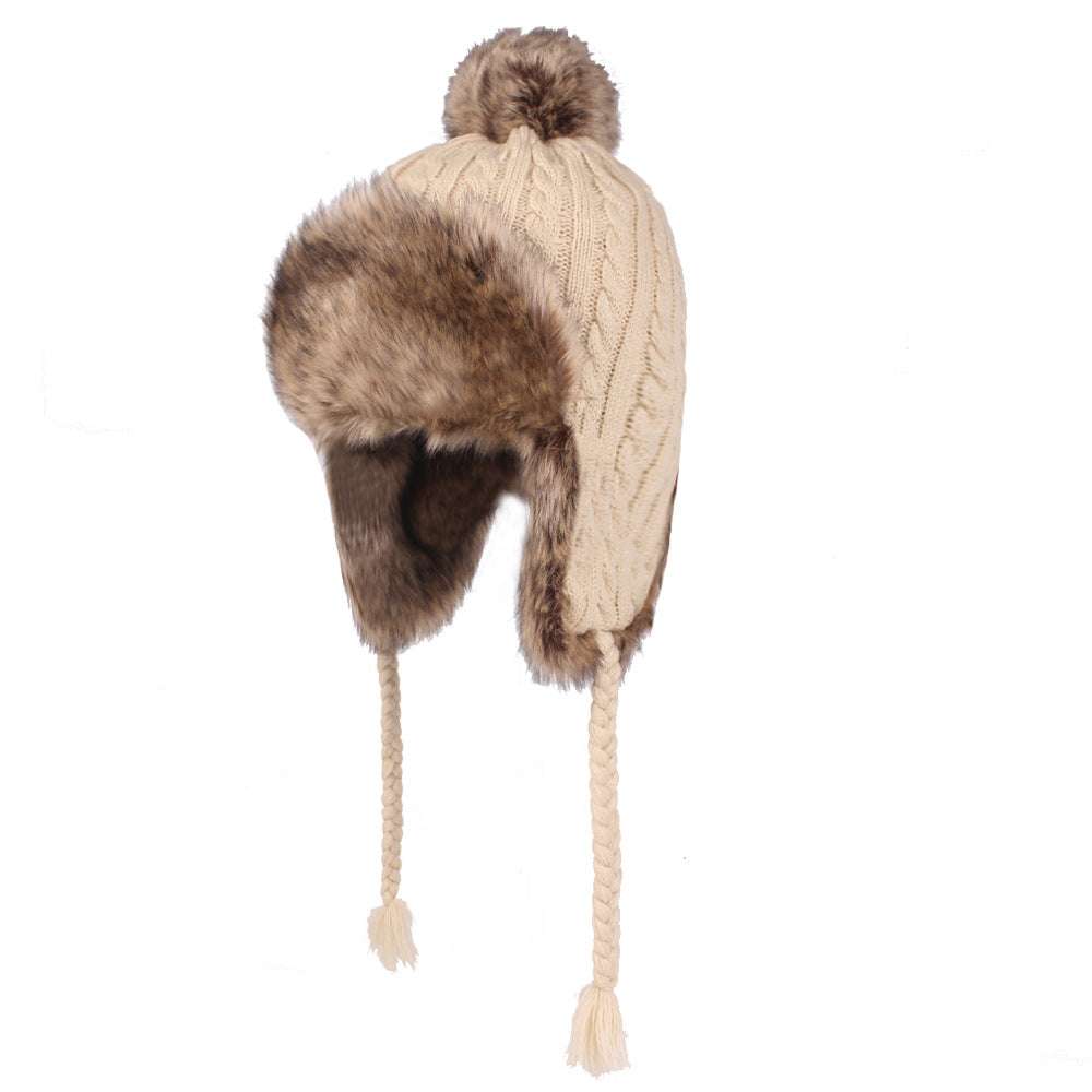 Ladies Rabbit Hair Ball Thread Hat Thickened Windproof Ear Protection