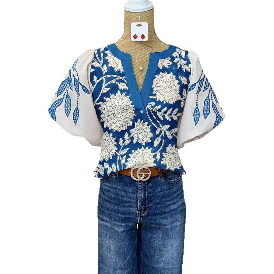Women's Casual Loose Ethnic Print Lantern Sleeve Shirt