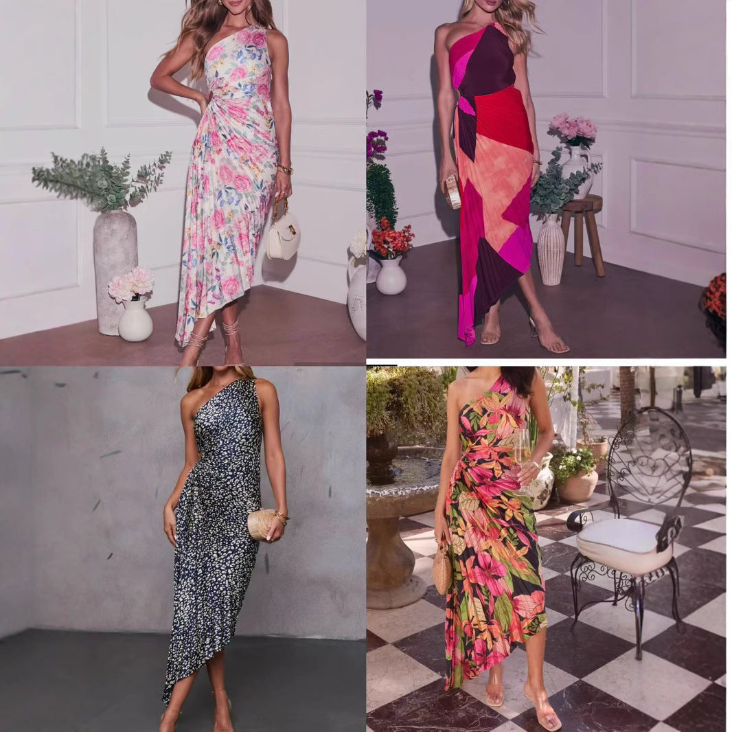 Off-Shoulder Printed Sexy Ruched Womens Dress