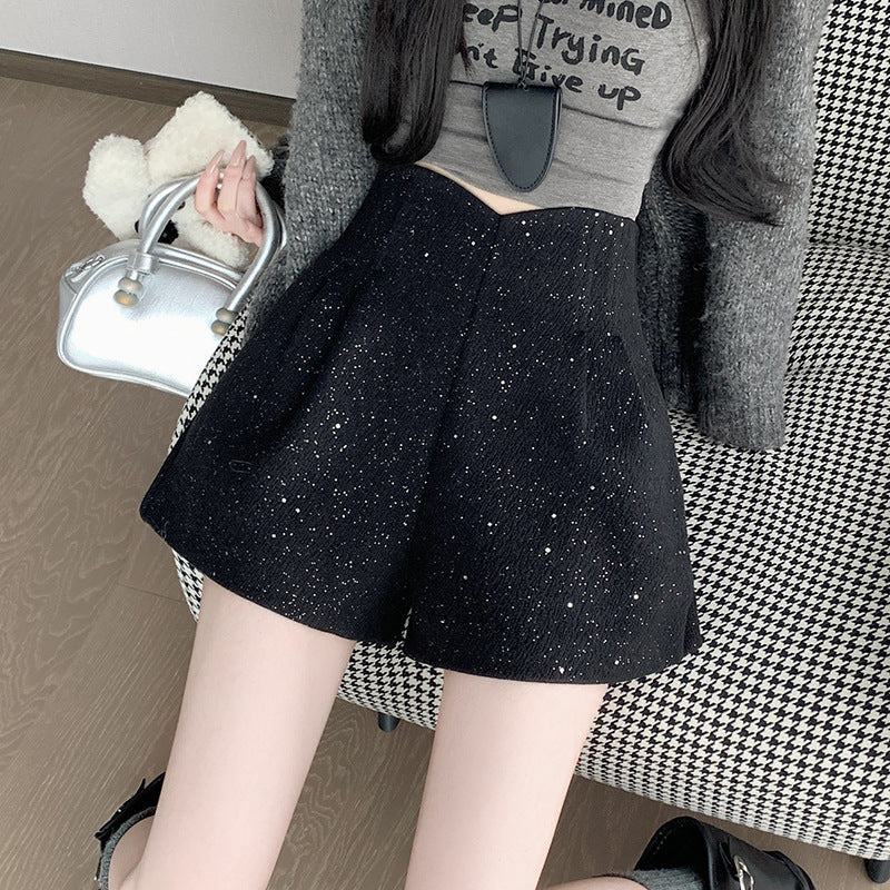 Black Shimmering Sequin Wool Shorts Autumnwinter With A High-end Aesthetic