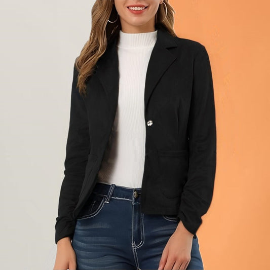 Elegant og slim-fit ensfarvet langærmet jakke med revers og lommer