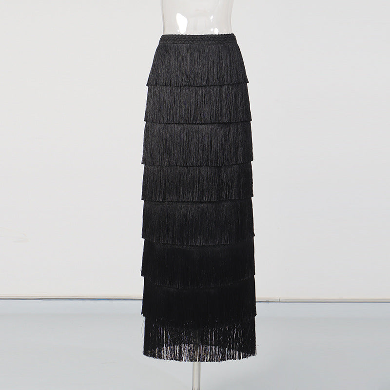 Fashionable Tassel-trimmed Layered Solid-color High-waisted Long Skirt