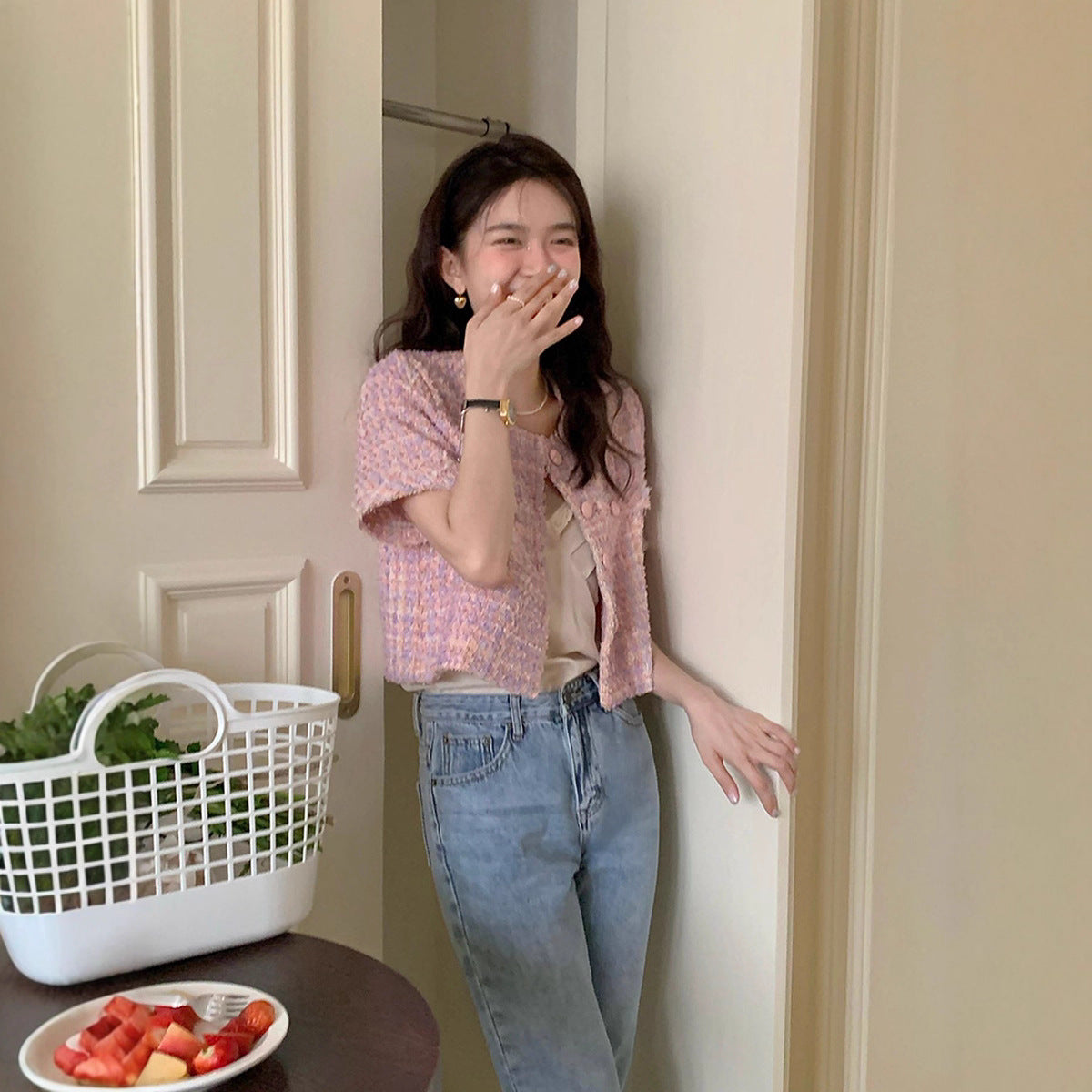 High-grade Round Neck Korean Gentle Short Sleeve Jacket