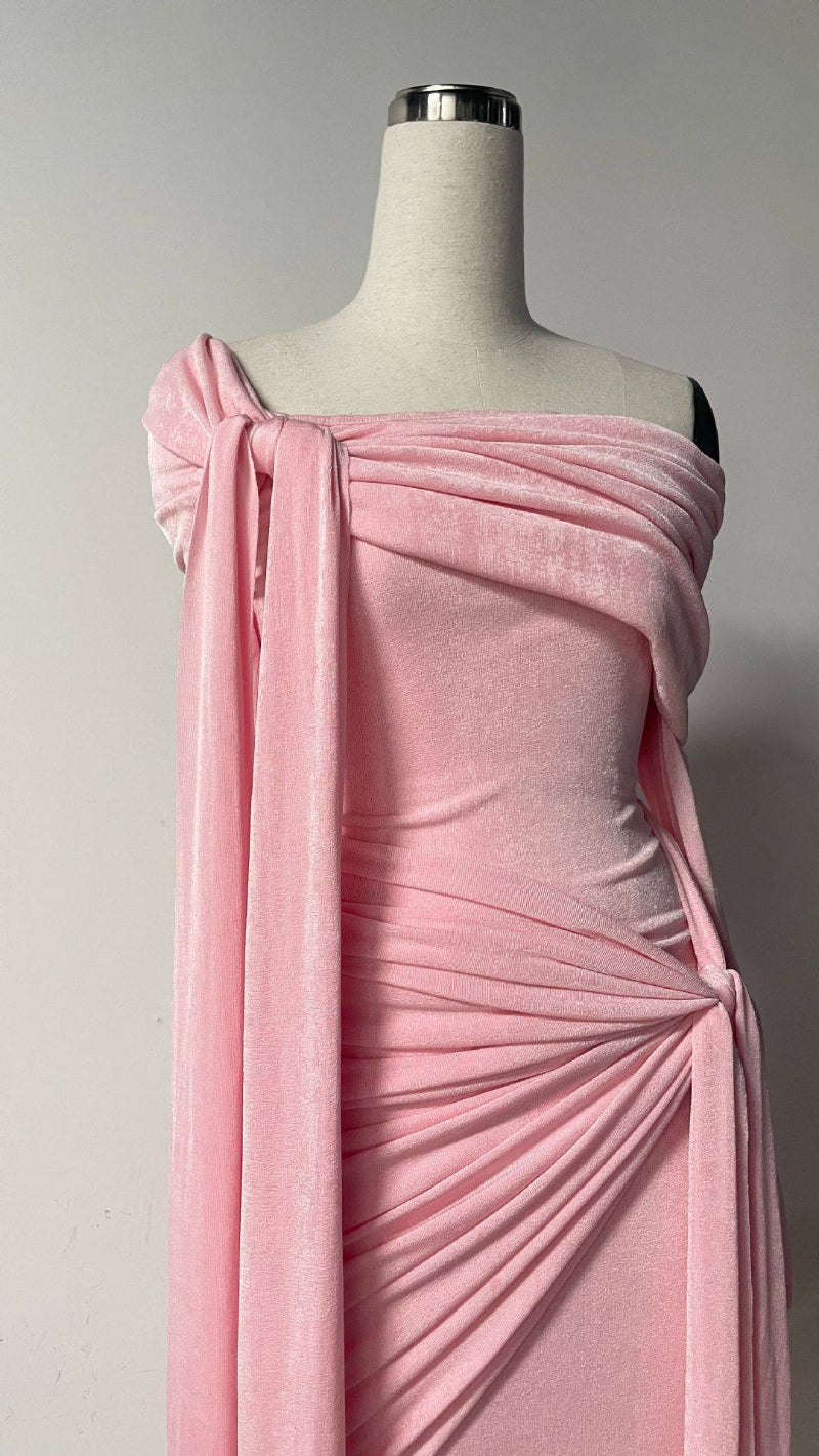 Rare Flowy Yellow Spliced Off-shoulder Dress With Irregular Pleats And Draped Shoulder Detailing