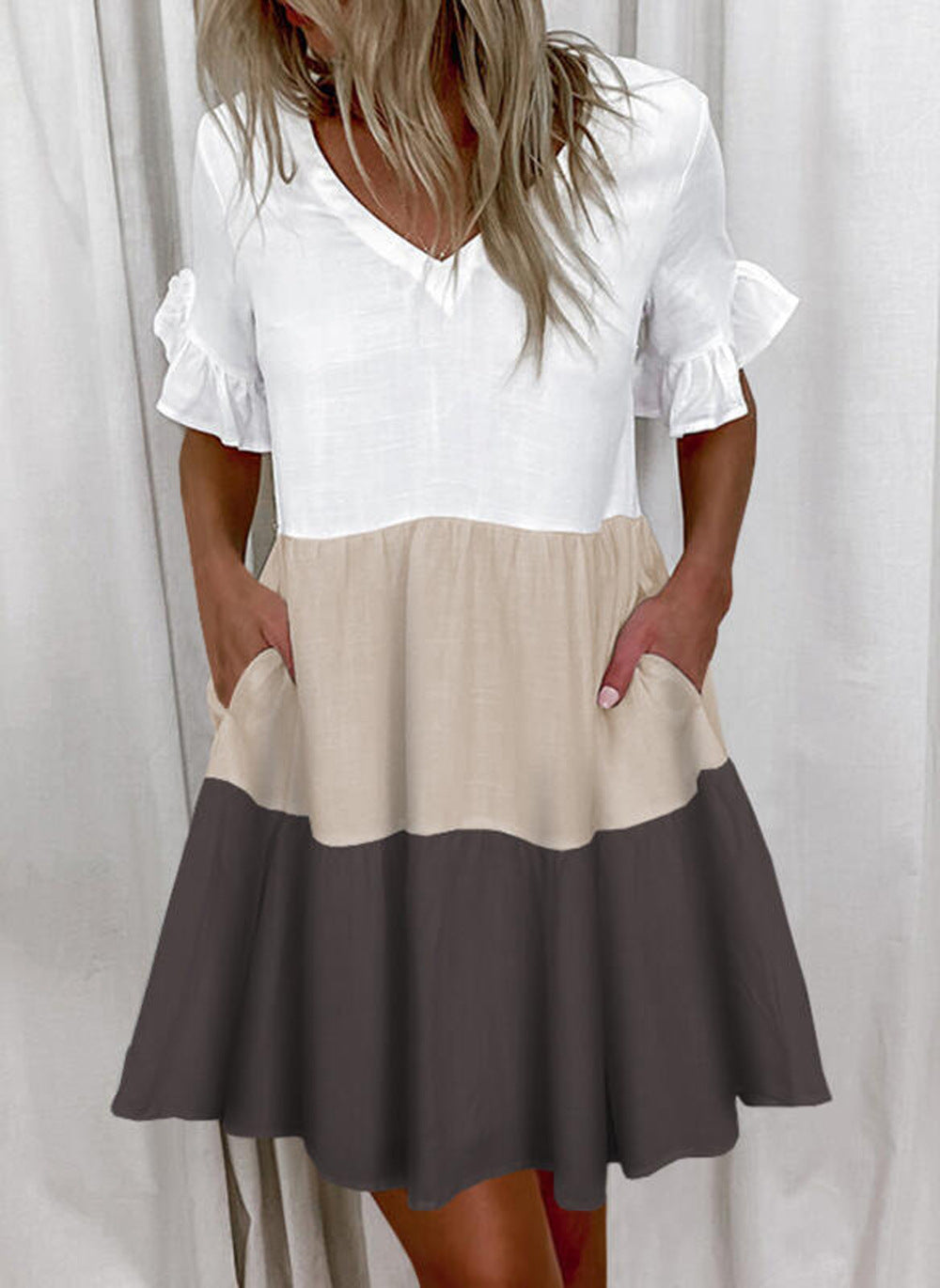 Fashion Printed Ruffle Pocket Short Dress