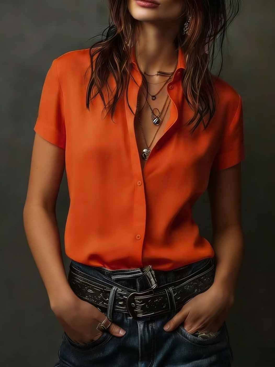 Casual Short-Sleeve Button-Up Womens Shirt