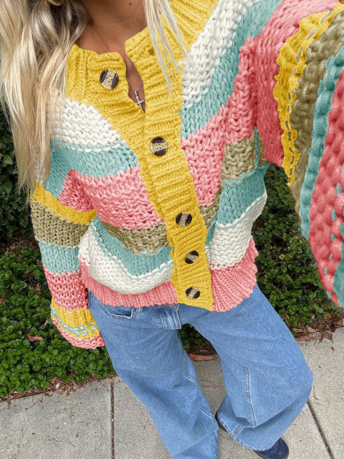 Strikket Cardigan til Damer med Striber og Knapper