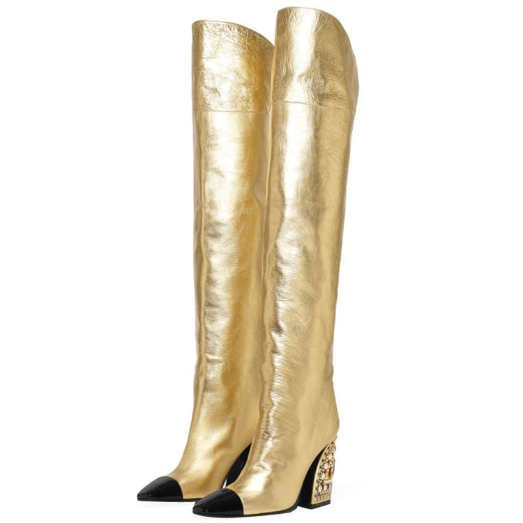 Women's Fashion Mirror Colorblock High Heel Over Knee Boots