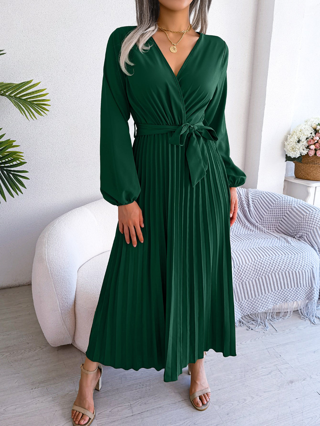 Women's Elegant Cross V Neck Flowy Pleated Maxi Dress