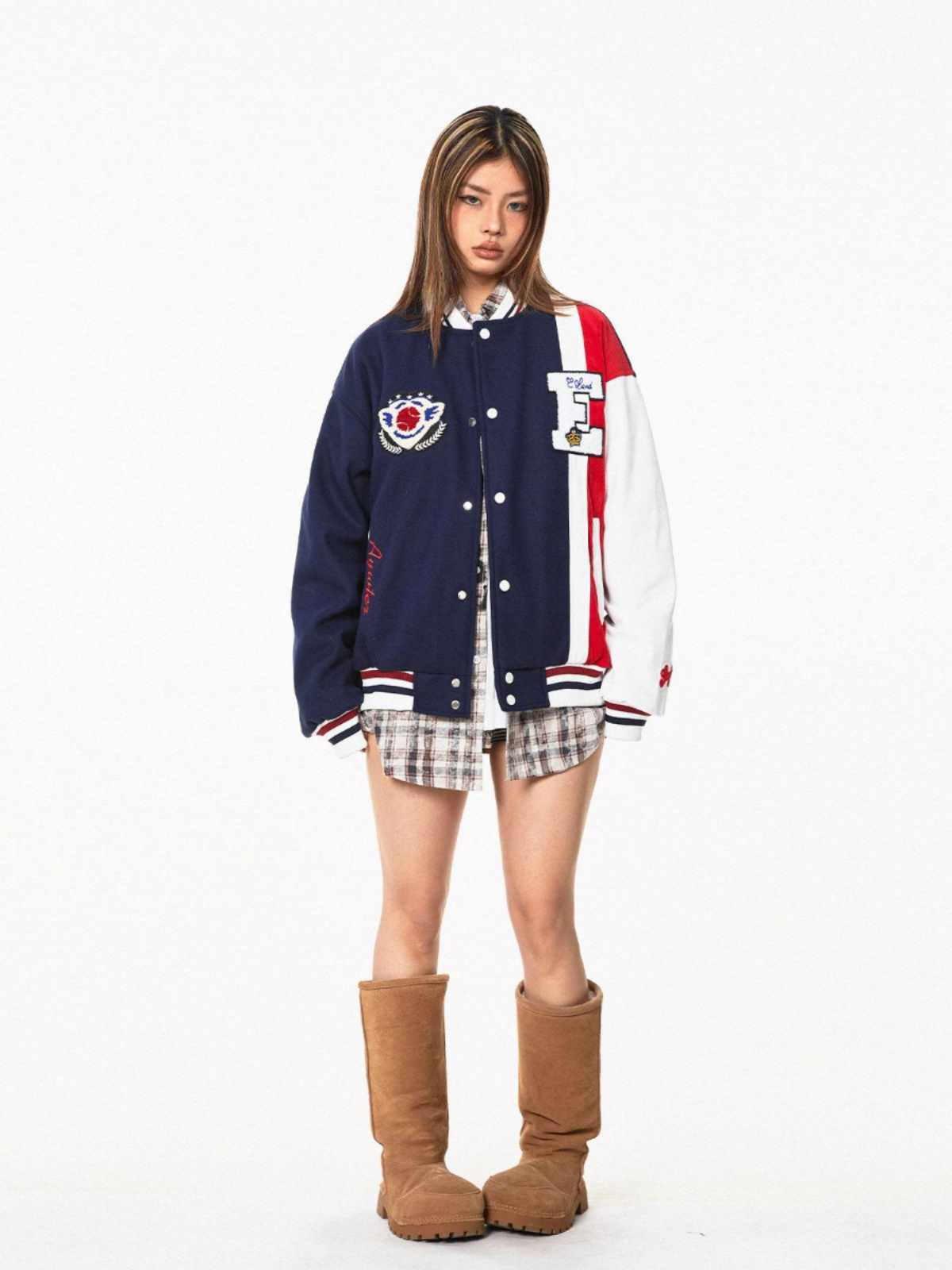 BLACKBBAmerican Color Contrast Patchwork Retro Baseball Uniform Jacket Coat