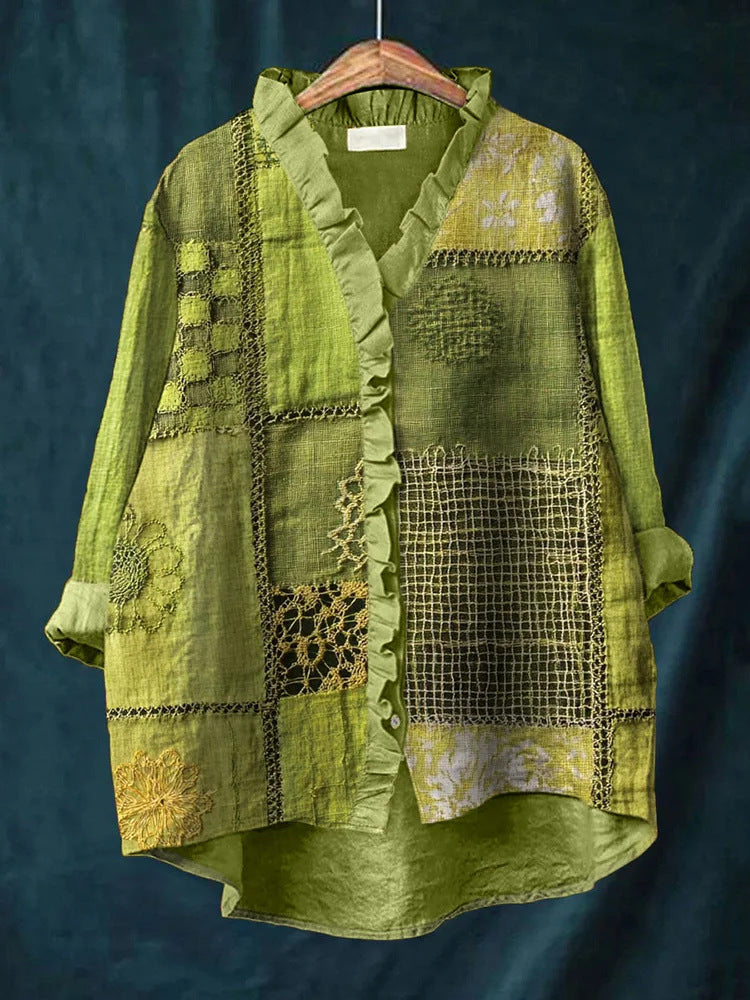 New Green Embroidered Floral Lace-trimmed Top