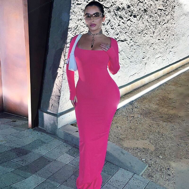 Womens U-Neck Bodycon Long-Sleeve Dress