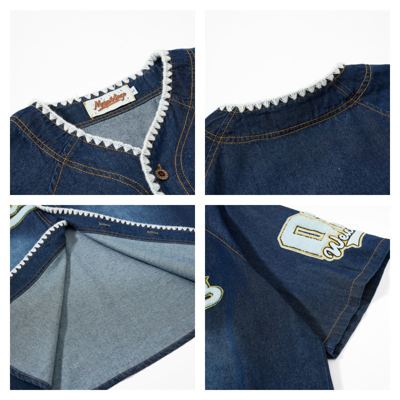 American-style Vintage Flocked Embroidery Denim Baseball Shirt