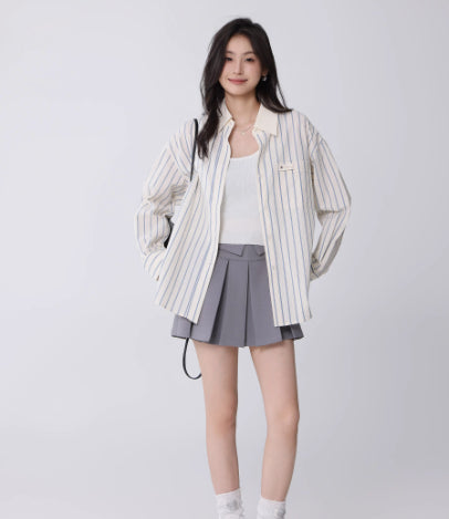 Korean College Style Texture Striped Shirt For Women