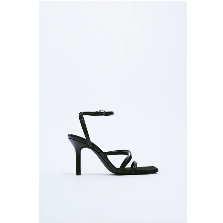 Stiletto Leather Sandals Buckle Cross Strap Square Toe