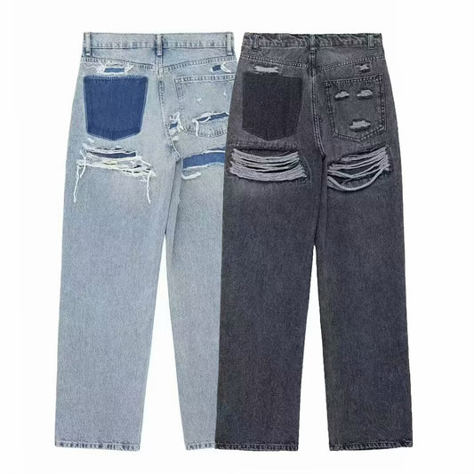 Women's Perforated Hole Decoration Loose Jeans