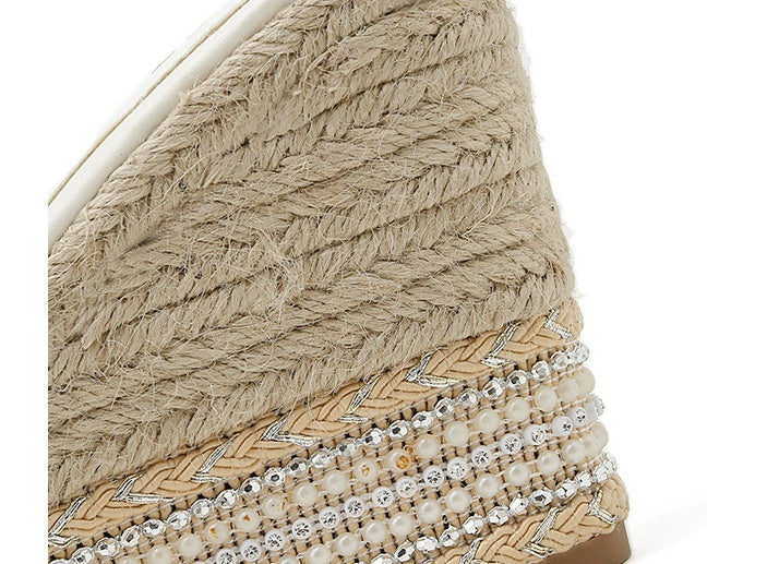 Hemp Rope Rhinestone Sponge Cake One-line Slippers For Women