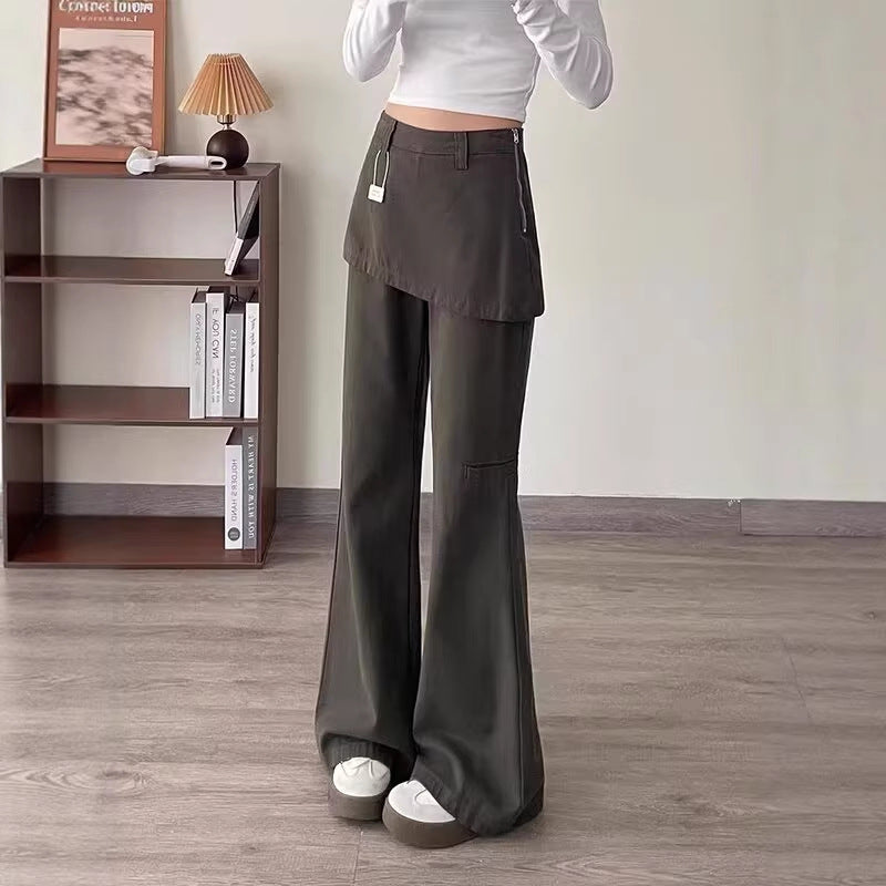Womens Retro High Waisted Casual Loose Fake Two Piece Flared Cargo Pants
