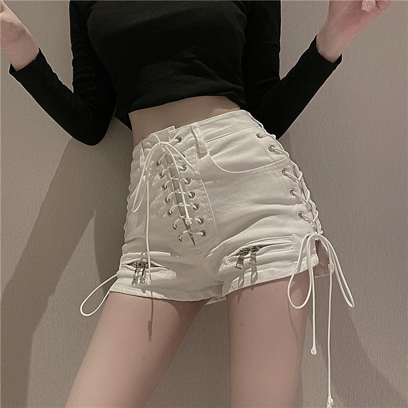 Summer Ladies High Waist Zipper Strap Denim Shorts Fashion Hot Pants