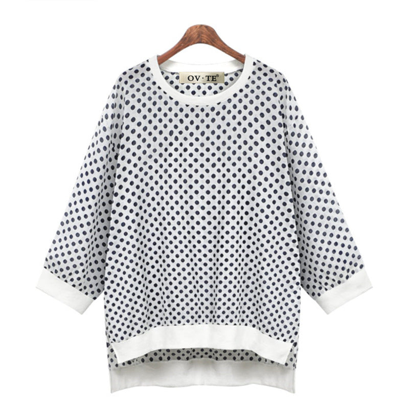 Sweater Polka Dot Round Neck Three Quarter Sleeve Top T-shirt
